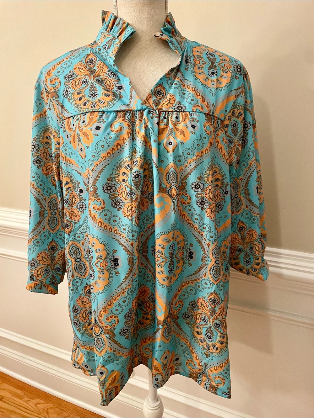 Cherry Betty Bohemian Cotton Blend Paisley Turquoise Half Sleeve Blouse Size XL